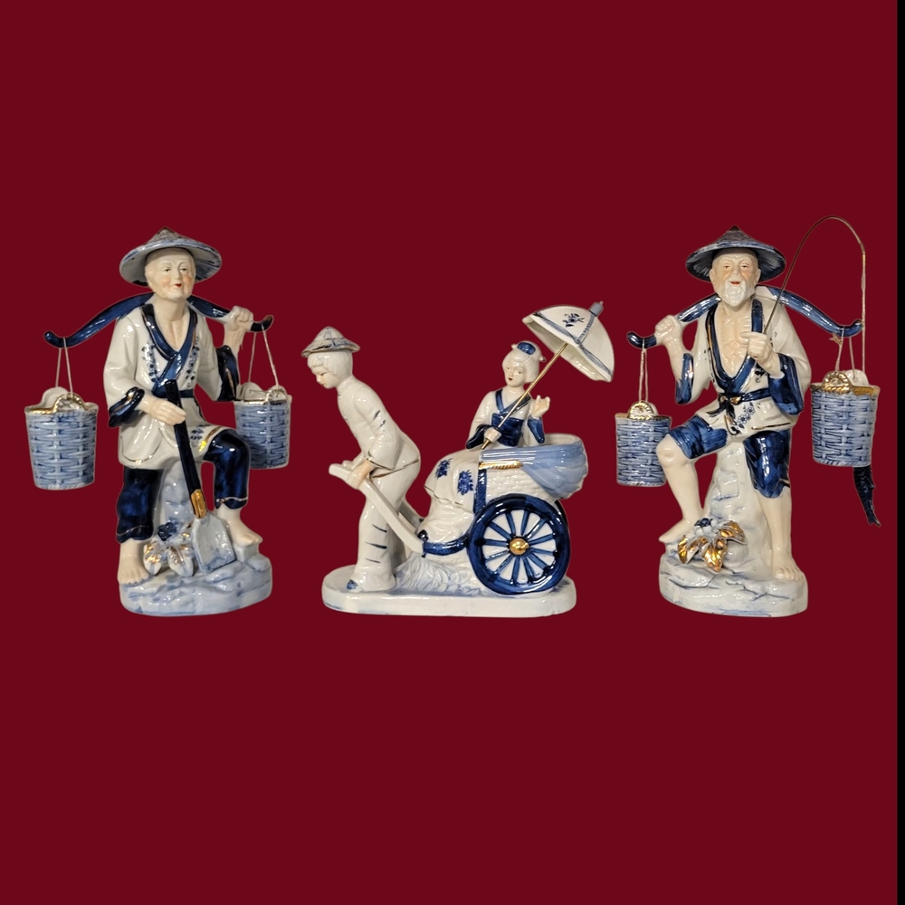 Beautiful RARE 3-Piece Vintage Asian Blue & Cream Porcelain Collectible LIKE NEW